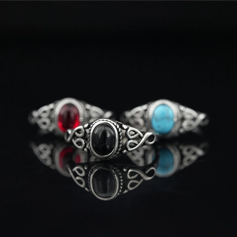 Vintage Titanium Steel Ring Ethnic Turquoise Ruby Black Onyx Gemstone Gothic Hollow Vine Design Retro Unisex Jewelry Gift