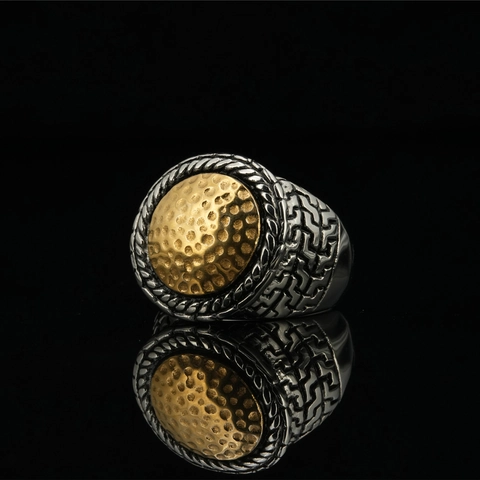 Vintage Men Titanium Steel Ring Hammered Golden Round Top Braided Border Geometric Pattern Two Tone Punk Style Jewelry