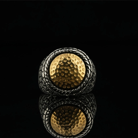 Vintage Men Titanium Steel Ring Hammered Golden Round Top Braided Border Geometric Pattern Two Tone Punk Style Jewelry