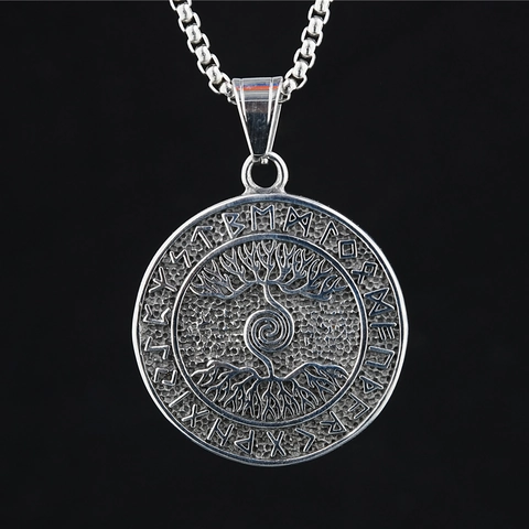Viking Tree Of Life Titanium Steel Pendant Necklace For Men Women Retro Norse Runes Yggdrasil Circle Hip Hop Jewelry Gift