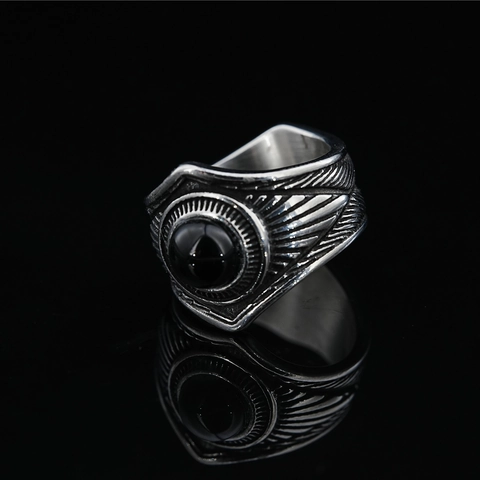 Vintage Stainless Steel Men Ring Gothic Feather Design Distressed Antique Finish Synthetic Turquoise Ruby Onyx Punk Jewelry
