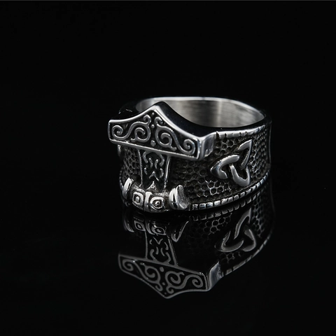 Vintage Norse Viking Thor's Hammer Titanium Steel Ring Men Retro Punk Celtic Knot Relief Anchor Signet Ring Biker Jewelry