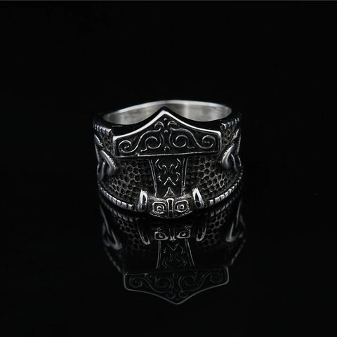 Vintage Norse Viking Thor's Hammer Titanium Steel Ring Men Retro Punk Celtic Knot Relief Anchor Signet Ring Biker Jewelry