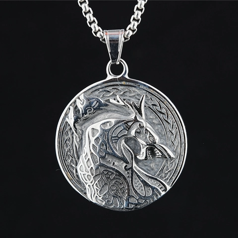 Collana con Ciondolo Testa di Lupo Vichingo per Uomo Donna in Acciaio al Titanio Vintage Mitologia Nordica Nodo Celtico Rilievo Gioielli