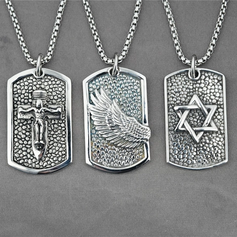Retro Hip Hop Titanium Steel Dog Tag Pendant Necklace Vintage Cross Wings Star Of David Box Chain Unisex Punk Jewelry