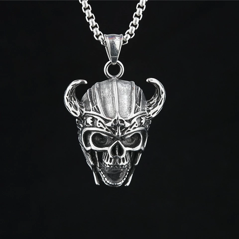 Vintage Gothic Gehörnt Totenkopf Anhänger Halskette Für Herren Edelstahl Punk Rock Schmuck Biker Accessoire Antiksilber