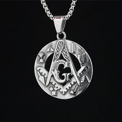 Vintage Masonic G Compass Square Pendant Necklace For Men Women Retro Stainless Steel Titanium Steel Round Relief Mason Jewelry Gift