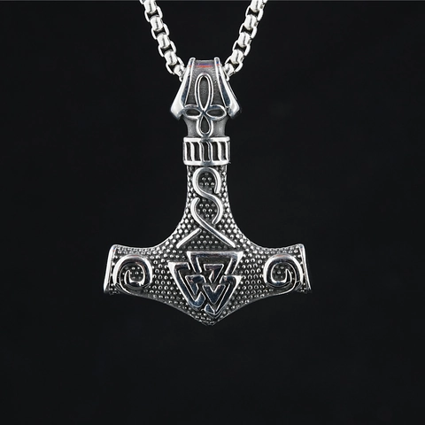 Retro Stainless Steel Viking Thor's Hammer Mjölnir Pendant Necklace For Men Distressed Nordic Valknut Rune Punk Street Jewelry
