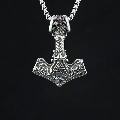 Retro Stainless Steel Viking Thor's Hammer Mjölnir Pendant Necklace For Men Distressed Nordic Valknut Rune Punk Street Jewelry