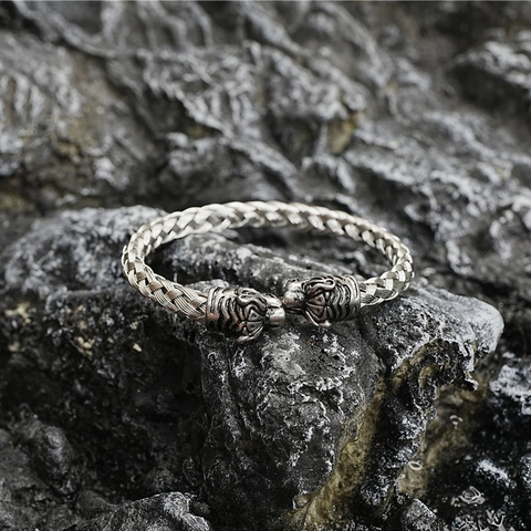 Vintage Titanium Steel Braided Tiger Head Cuff Bracelet For Men Women Hip Hop Streetwear Polished Woven Metal Jewelry Gift