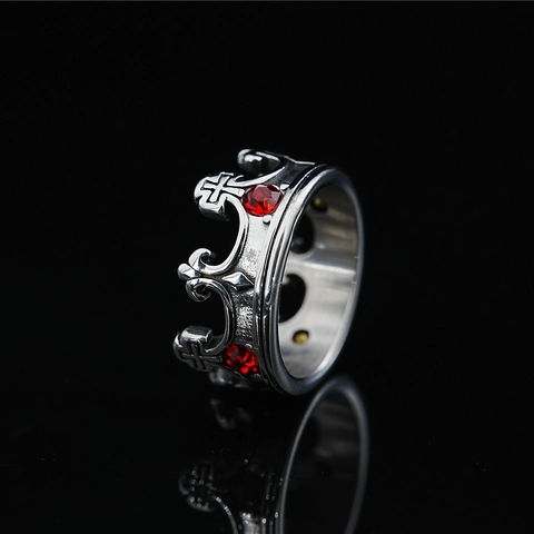 Vintage Gothic Crown Cross Ring Titanium Steel Red Rhinestone Inlaid Retro Finger Ring For Men Women Punk Jewelry Gift