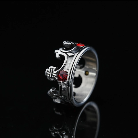 Vintage Gothic Crown Cross Ring Titanium Steel Red Rhinestone Inlaid Retro Finger Ring For Men Women Punk Jewelry Gift