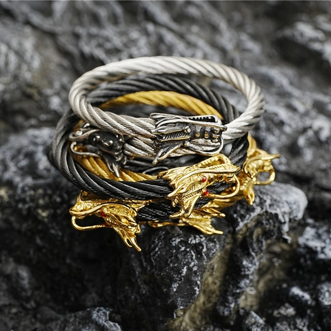 Vintage Stainless Steel Double Dragon Head Twisted Cable Bracelet Men Women Punk Rhinestone Eyes Open Cuff Bangle Jewelry