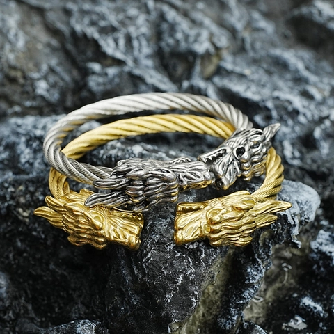 Retro Stainless Steel Double Dragon Head Cuff Bracelet Vintage Punk Twisted Cable Open Bangle Unisex Fashion Jewelry