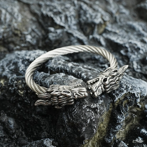 Retro Stainless Steel Double Dragon Head Cuff Bracelet Vintage Punk Twisted Cable Open Bangle Unisex Fashion Jewelry