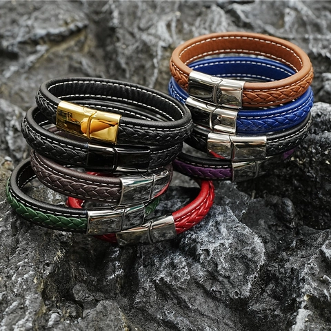 Vintage Herren Titanstahl Geflochtenes Lederarmband Mit Magnetverschluss Hip Hop Unisex Mehrlagiges Nähte Handband