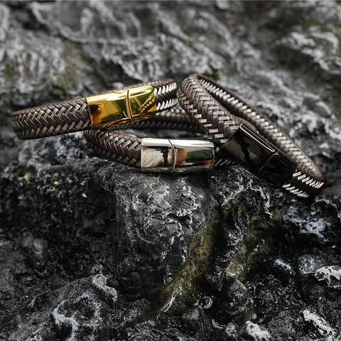 Bracciale da Uomo in Pelle Intrecciata Con Chiusura Magnetica in Acciaio Inossidabile Cinturino Intrecciato a Mano Moda Gioielli