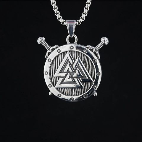 Retro Viking Shield Cross Swords Pendant Necklace For Men Women Valknut Symbol Stainless Steel Norse Mythology Jewelry Gift