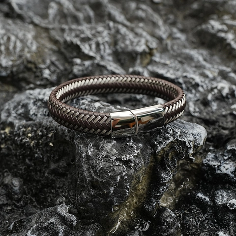 Bracciale da Uomo in Pelle Intrecciata Con Chiusura Magnetica in Acciaio Inossidabile Cinturino Intrecciato a Mano Moda Gioielli