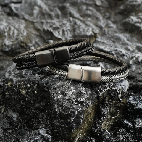 Bracciale Intrecciato a Doppio Strato in Acciaio al Titanio Vintage da Uomo Con Chiusura Magnetica Stile Hardcore Gioielli di Moda Lucidi Regalo Accessorio Mano