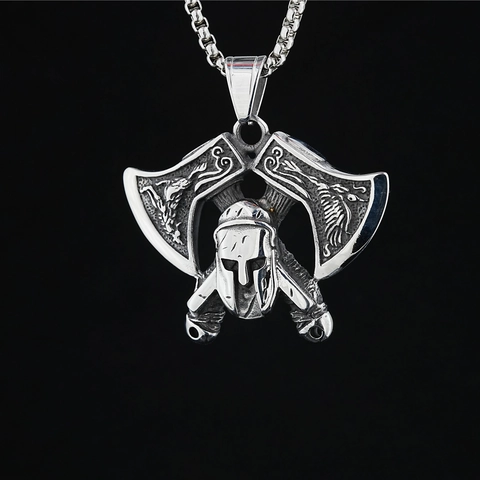 Viking Spartan Warrior Helmet Double Axe Pendant Necklace Retro Titanium Steel Nordic Punk Jewelry For Men Women Neckwear
