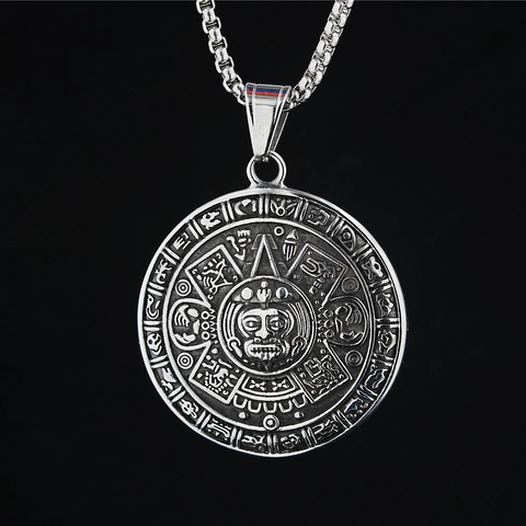 Collar con Colgante de Medalla Redonda de Calendario de Piedra del Sol Azteca de Acero de Titanio Vintage para Hombres Mujeres Joyería Tribal Tallada Antigua