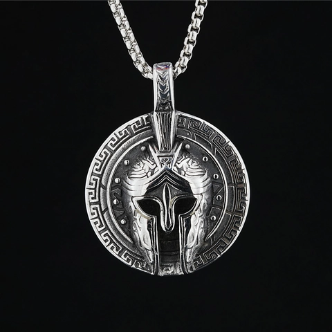 Vintage Spartan Helmet Shield Pendant Necklace Titanium Steel Greek Meander Relief Hip Hop Punk Streetwear Jewelry For Men Women