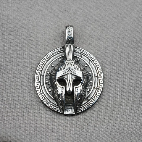 Vintage Spartan Helmet Shield Pendant Necklace Titanium Steel Greek Meander Relief Hip Hop Punk Streetwear Jewelry For Men Women