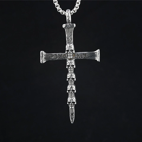 Punk Gothic Stainless Steel Skull Cross Pendant Necklace Retro Antique Silver Deathly Engraved Men Women Hip Hop Jewelry