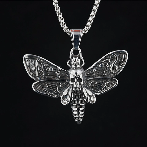Gothic Skull Moth Pendant Necklace Titanium Steel Retro Distressed Hip Hop Dark Style Jewelry For Unisex Daily Accessories