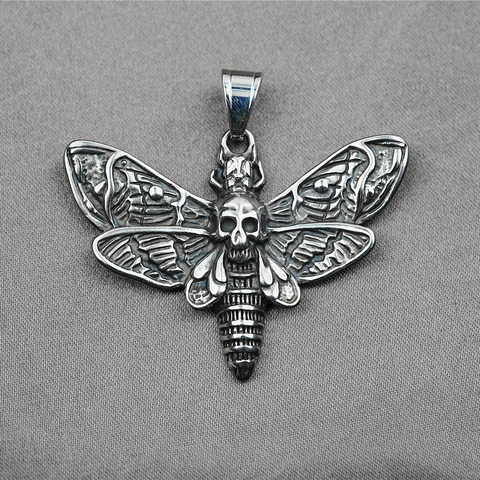 Gothic Skull Moth Pendant Necklace Titanium Steel Retro Distressed Hip Hop Dark Style Jewelry For Unisex Daily Accessories