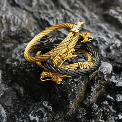 Vintage Titanium Steel Dragon Head Open Bangle For Men Women Hip Hop Twisted Cable Bracelet With Zirconia Eyes Jewelry