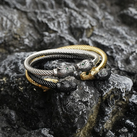 Titanium Steel Leopard Head Open Cuff Bracelet Vintage Twisted Cable Bangle Green Zirconia Eyes Jewelry For Men Women