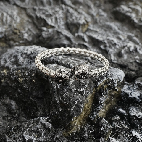 Vintage Löwenkopf Gewebter Armreif Für Damen Herren Edelstahl Wikinger Nordisch Gothic Stil Verstellbar Schmuck Geschenk
