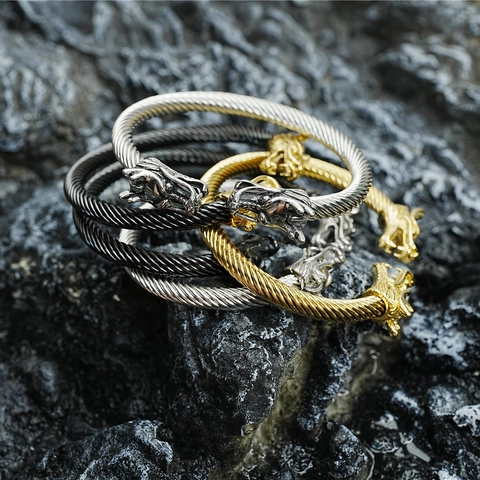 Vintage Dragon Head Twisted Cable Open Cuff Bracelet For Men Women Titanium Steel Punk Ethnic Bangle Jewelry Gift
