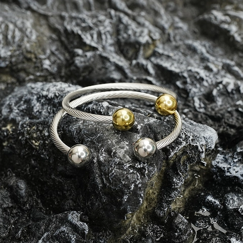 Stainless Steel Twisted Cable Open Bangle Bracelet Women Industrial Style Polished Metal Ball Finial Cuff Jewelry
