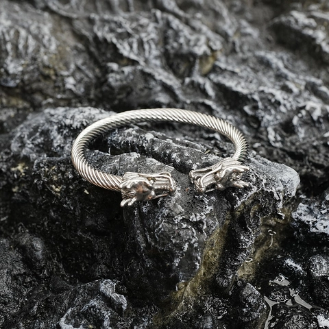 Vintage Dragon Head Twisted Cable Open Cuff Bracelet For Men Women Titanium Steel Punk Ethnic Bangle Jewelry Gift