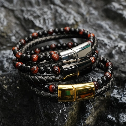 Retro Heren Dubbellaags Gevlochten Leren Tijgeroog Steen Kralenarmband Titanium Staal Magnetische Sluiting Hip Hop Sieraden