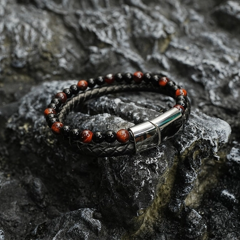 Retro Heren Dubbellaags Gevlochten Leren Tijgeroog Steen Kralenarmband Titanium Staal Magnetische Sluiting Hip Hop Sieraden
