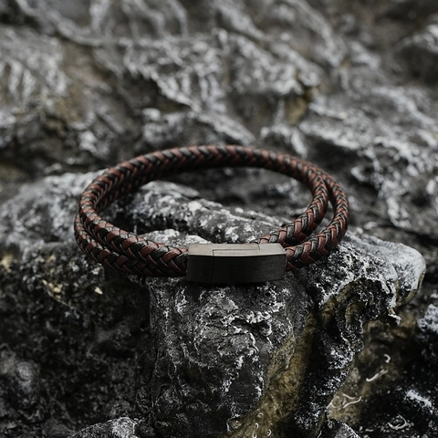Herren Geflochtenes Lederarmband Edelstahl Magnetverschluss Doppelwickel Flechtseil Punk Vintage Casual Handschmuck