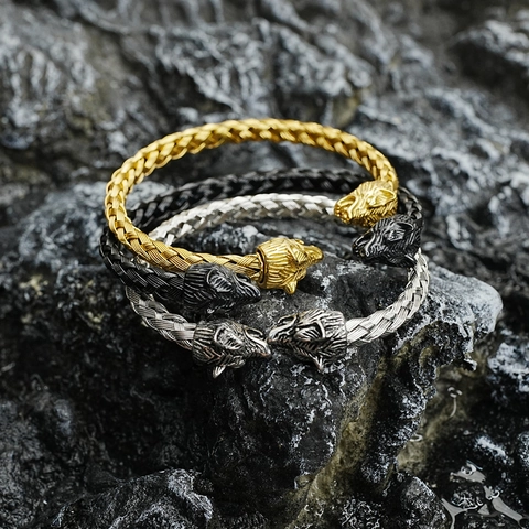 Viking Wolf Head Bracelet Stainless Steel Braided Open Cuff Bangle For Men Women Nordic Gothic Retro Hip Hop Jewelry