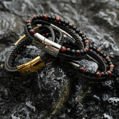 Bracciale in Pelle Retro con Perline Occhio di Tigre per Uomo Multi-strato Chiusura Magnetica in Acciaio Inossidabile Intrecciato Gioielli