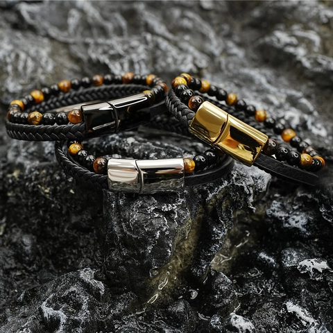 Bracelet Homme Cuir Pierre Oeil De Tigre Rétro Tressé Multi Couches Fermoir Magnétique En Acier Inoxydable Bijoux Hommes