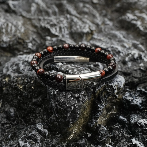 Bracciale in Pelle Retro con Perline Occhio di Tigre per Uomo Multi-strato Chiusura Magnetica in Acciaio Inossidabile Intrecciato Gioielli