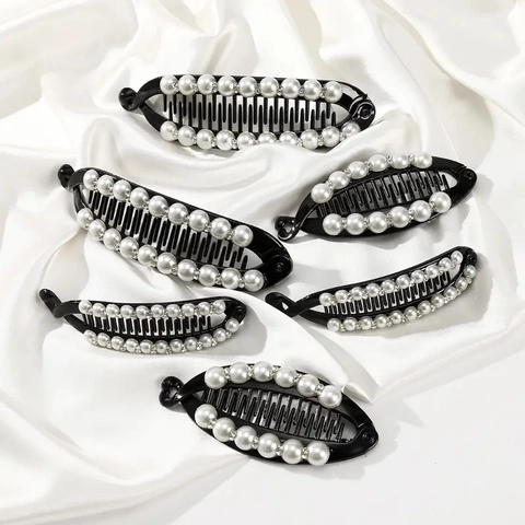 Elegante Künstliche Perle Strass Bananen Haarklammer Schwarz Kunststoff Pferdeschwanz Vertikale Clip Haarschmuck Für Damen Hochzeit Party