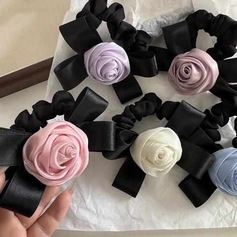 French Sweet Satin Rose Flower Bow Scrunchies Elegant Oversized Hair Ties Elastic Ponytail Holder Fashion Hair Accessories For Women