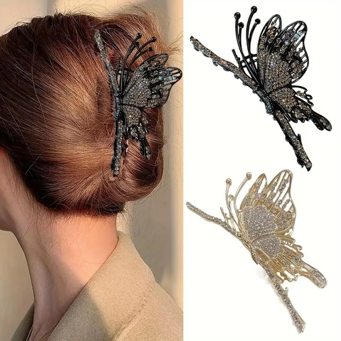 Pinza de Pelo de Mariposa de Metal Elegante Diamantes de Imitación Brillantes Aleación Clip de Tiburón Accesorio para el Cabello para Mujer