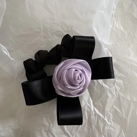 French Sweet Satin Rose Flower Bow Scrunchies Elegant Oversized Hair Ties Elastic Ponytail Holder Fashion Hair Accessories For Women