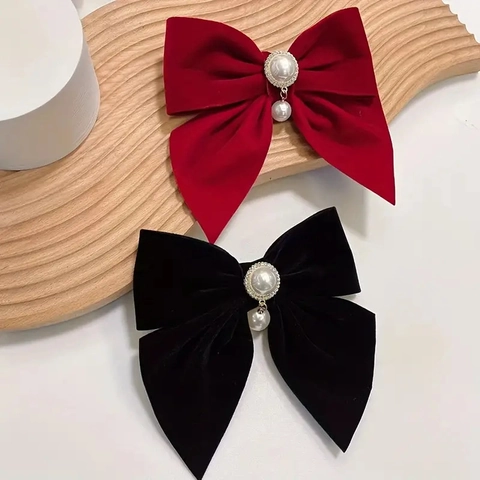 Barrette À Cheveux Noeud En Velours Élégante Avec Pendentif Künstliche Perle Et Strass Clip À Ressort Décoratif Pour Mariage Fête Style Doux Femme