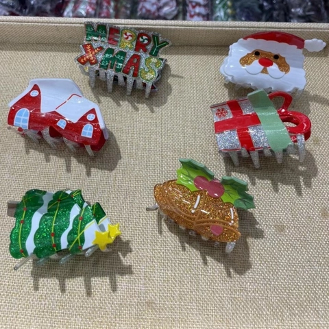 Festive Christmas Hair Claws Acrylic Glitter Santa Claus Christmas Tree Merry Xmas Hair Clips For Women Girls Party Accessories